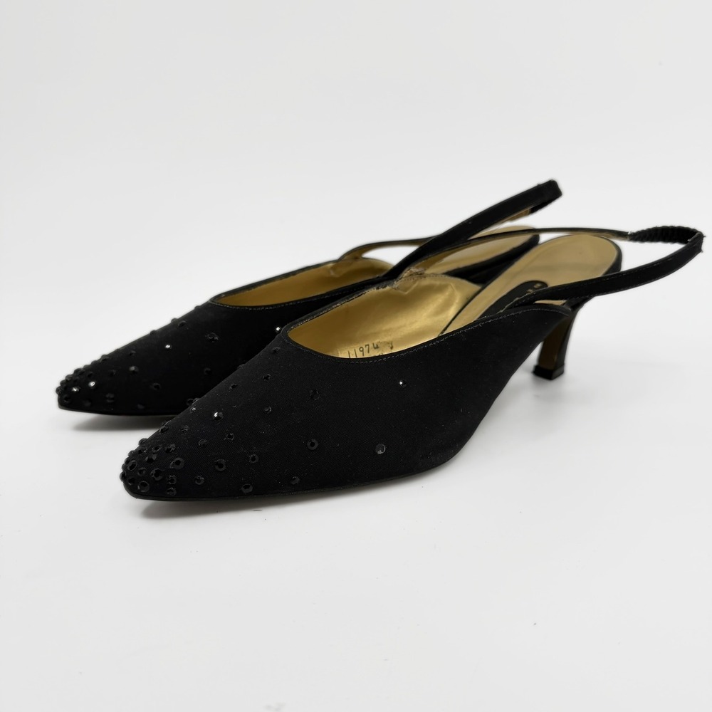 Di Lusso Slingback Heels Renee 90s Vintage Women Size 11 Black Rhinestone Beaded
